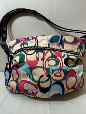 Coach Cream Multicolor Loop-Print Shoulder Bag with Black Strap